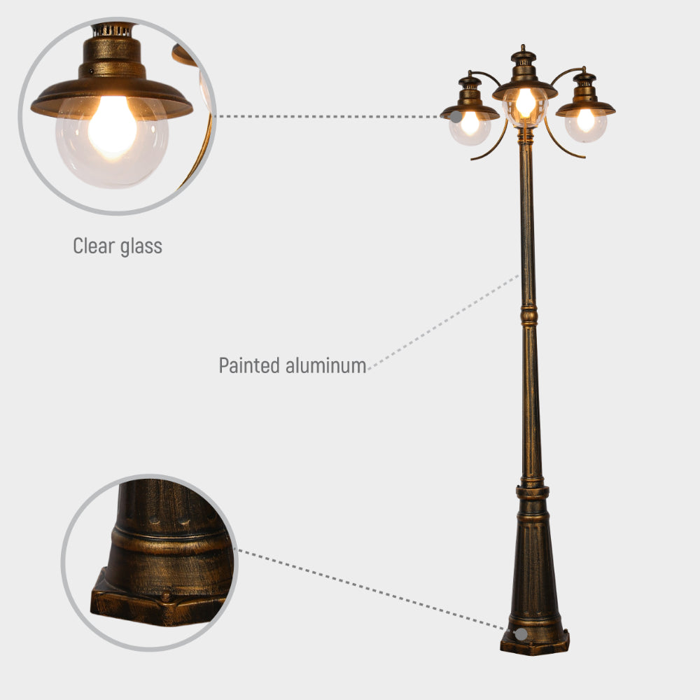 Lámpara de poste de jardín exterior con tres luces E27, ideal para caminos en decoraciones clásicas y elegantes.