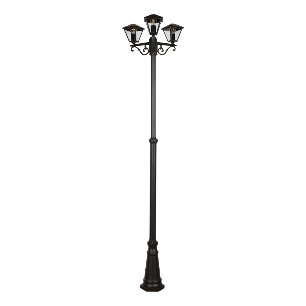 Lámpara de poste de jardín con tres bombillas E27, ideal para iluminar caminos en espacios exteriores con estilo moderno.
