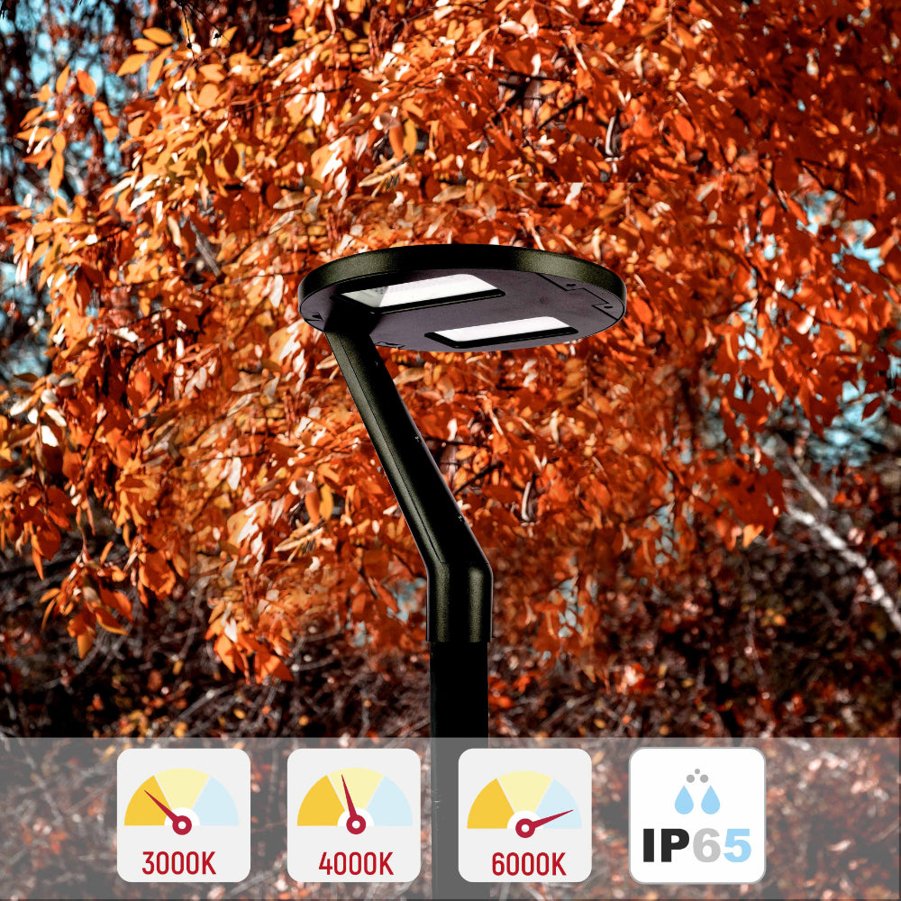 Lámpara de jardín LED de 60W con cabezal ajustable, ideal para iluminar caminos en exteriores con estilo contemporáneo.