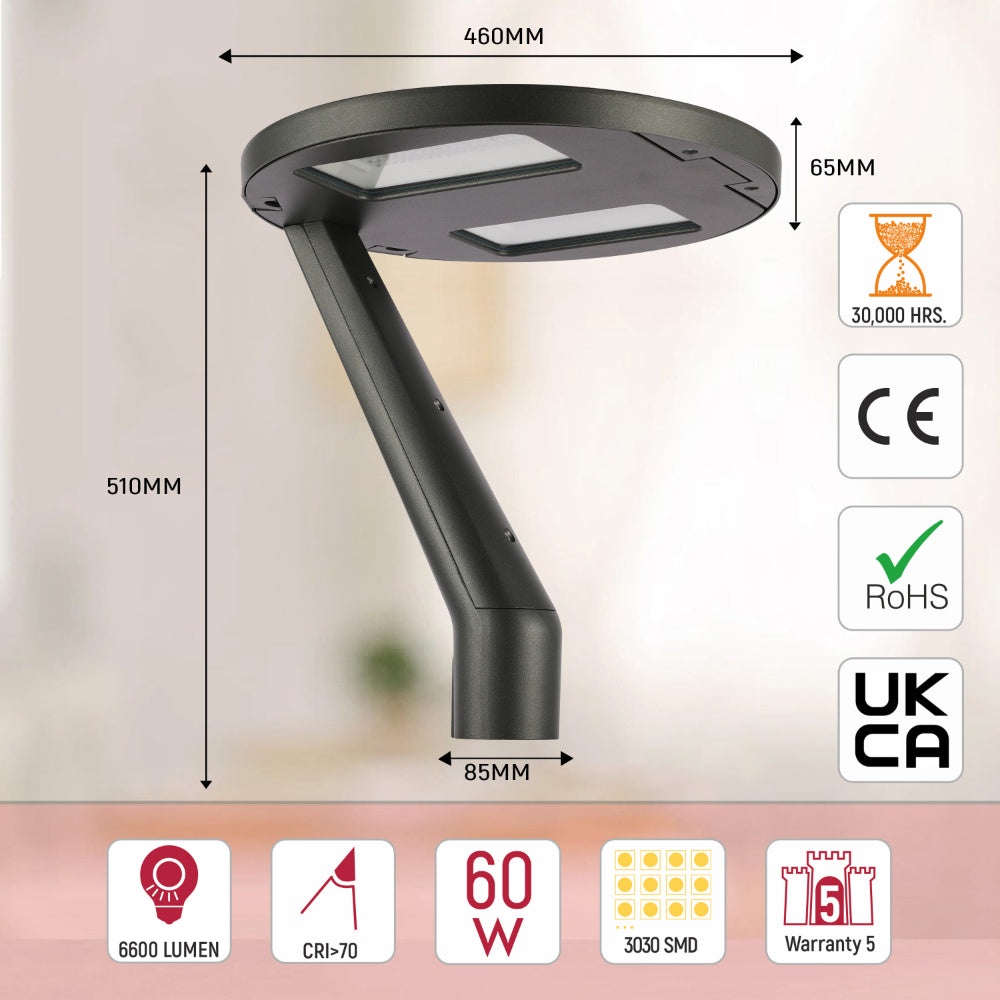 Lámpara de jardín LED de 60W, ideal para iluminar caminos en exteriores con estilo moderno y funcionalidad versátil.