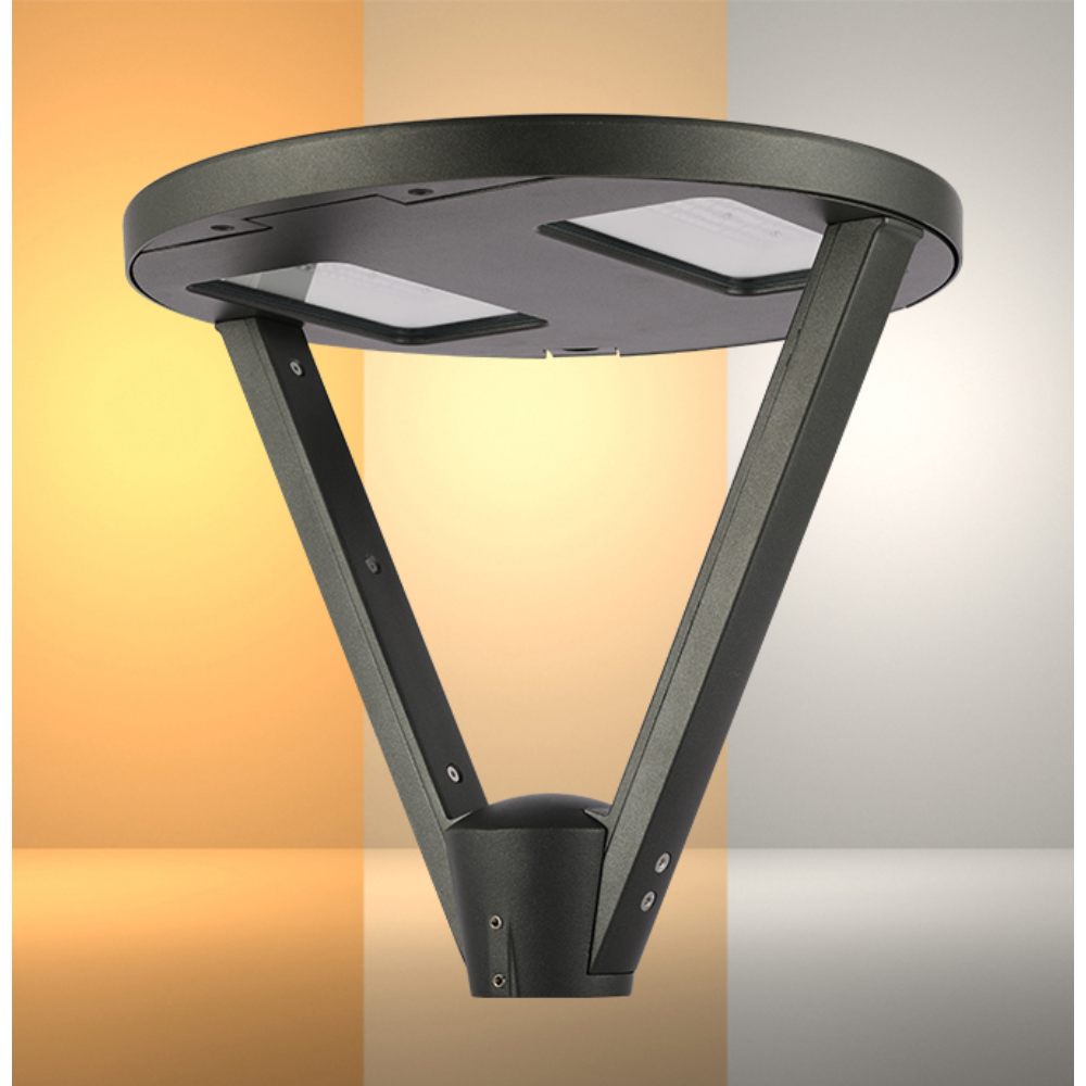 Lámpara de poste LED para jardín, ideal para caminos, con ajuste de temperatura de color y diseño moderno.