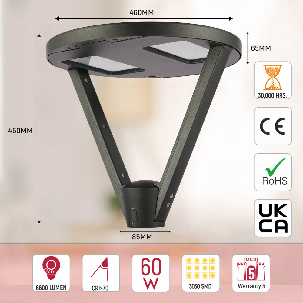 Lámpara de jardín LED de 60W, ideal para iluminar caminos y espacios exteriores con un estilo moderno y funcional.