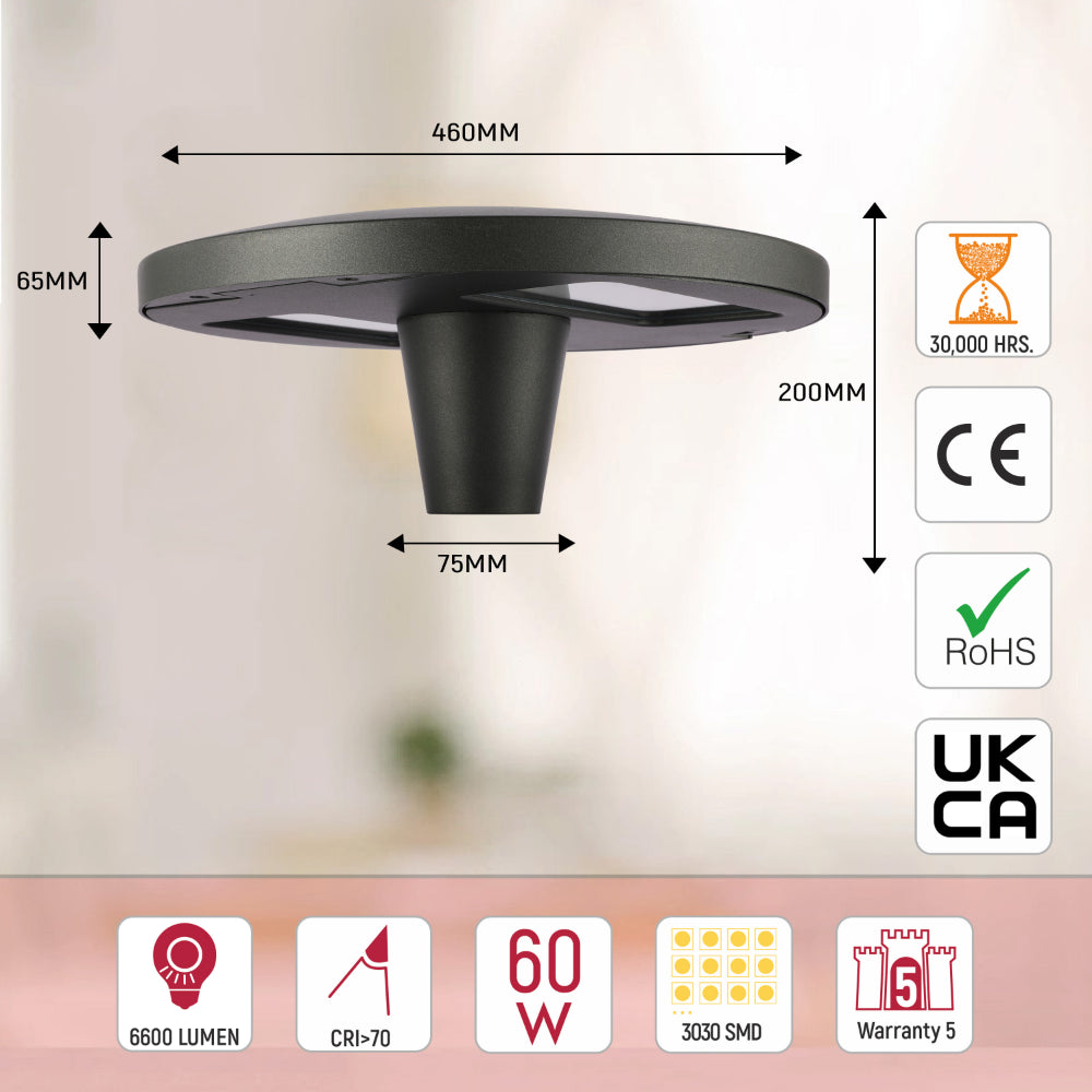 Lámpara de jardín LED de 60W, ideal para senderos y patios, con diseño moderno y funcional que mejora la iluminación exterior.