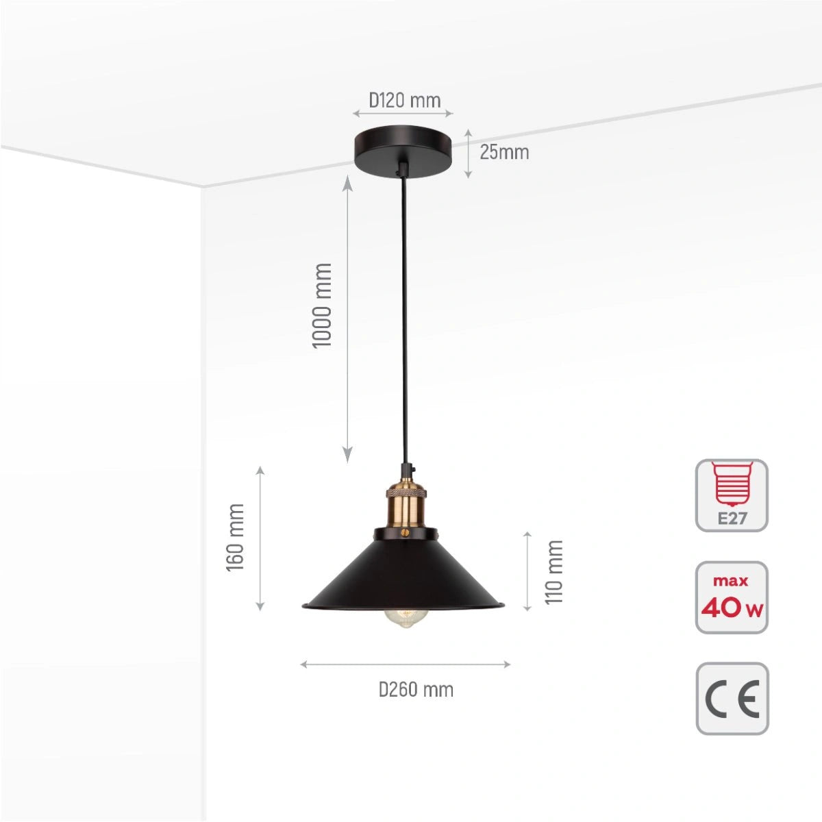 Size and specs of Black Metal Large Funnel Pendant Ceiling Light with E27 | TEKLED 150-15032