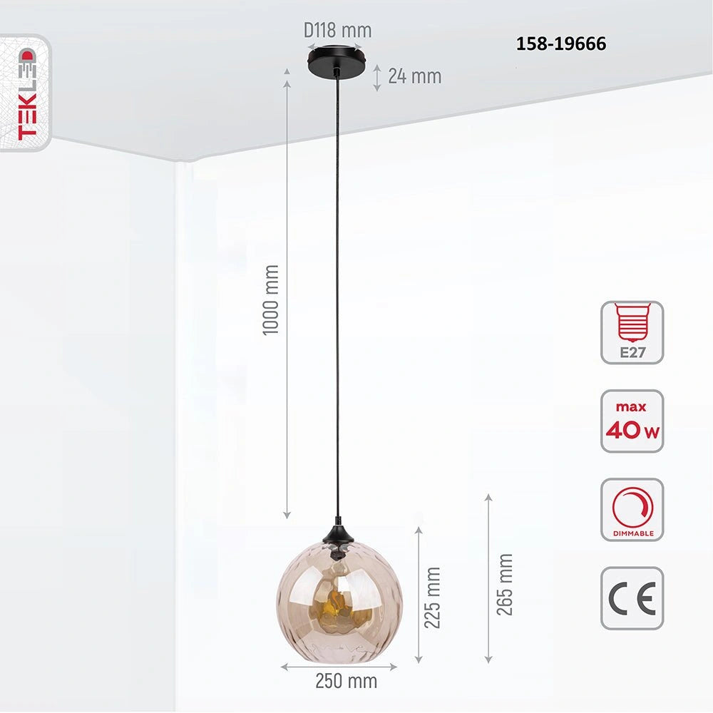 Product dimensions of smoky glass globe pendant light with e27 fitting