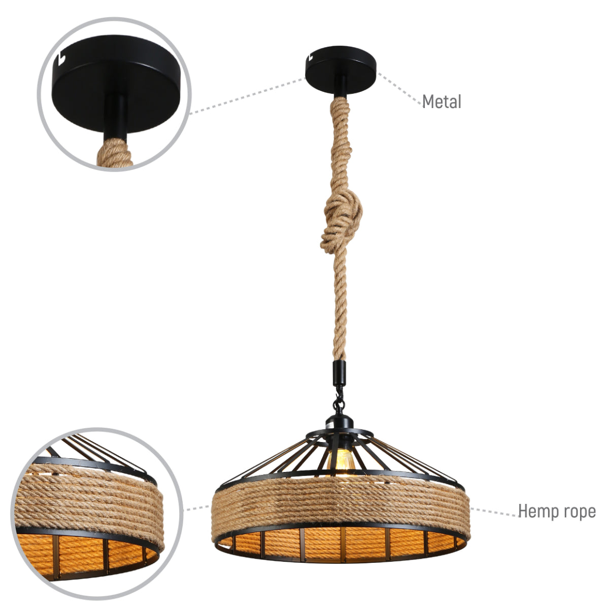 Lámpara colgante de metal negro con jaula de cuerda de yute, perfecta para espacios de estilo industrial y comedores modernos.