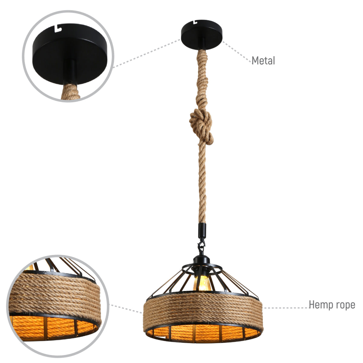 Lámpara colgante de metal negro con jaula de cuerda de yute, ideal para espacios industriales y decoraciones rústicas.