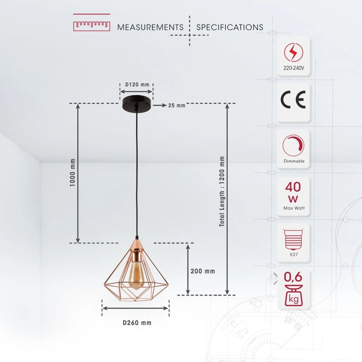 Product dimensions of rose gold metal cage pendant light l with e27 fitting