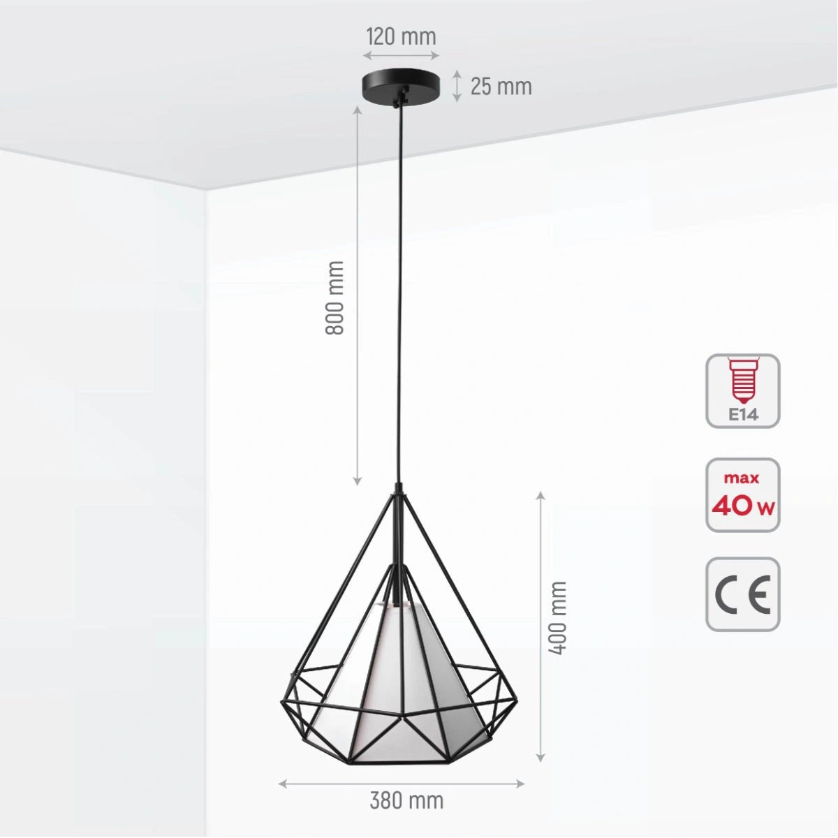 Size and specs of Black Wire Opal Shade Caged Funnel Pendant Ceiling Light with E27 | TEKLED 150-17746