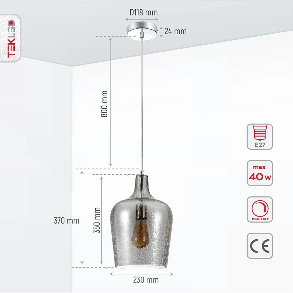Product dimensions of smoky frosted glass schoolhouse pendant light l with e27 fitting