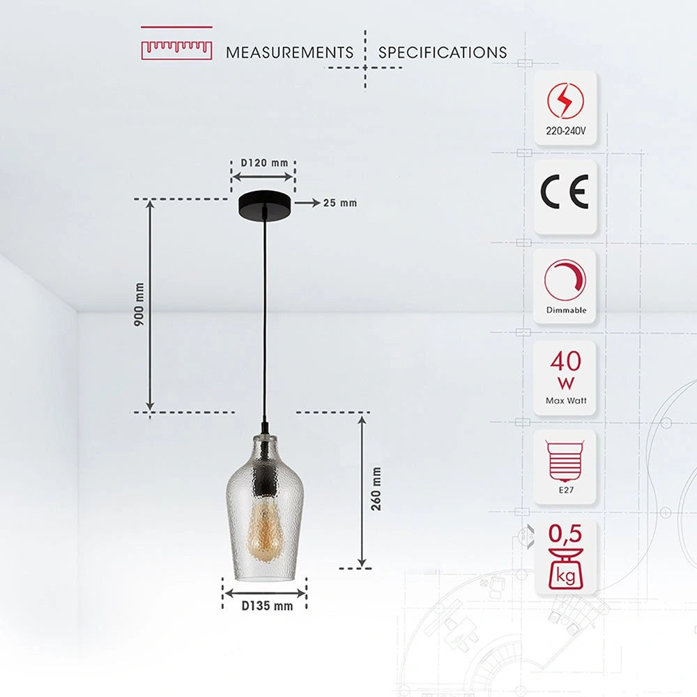 Product dimensions of clear frosted glass schoolhouse pendant light s with e27 fitting