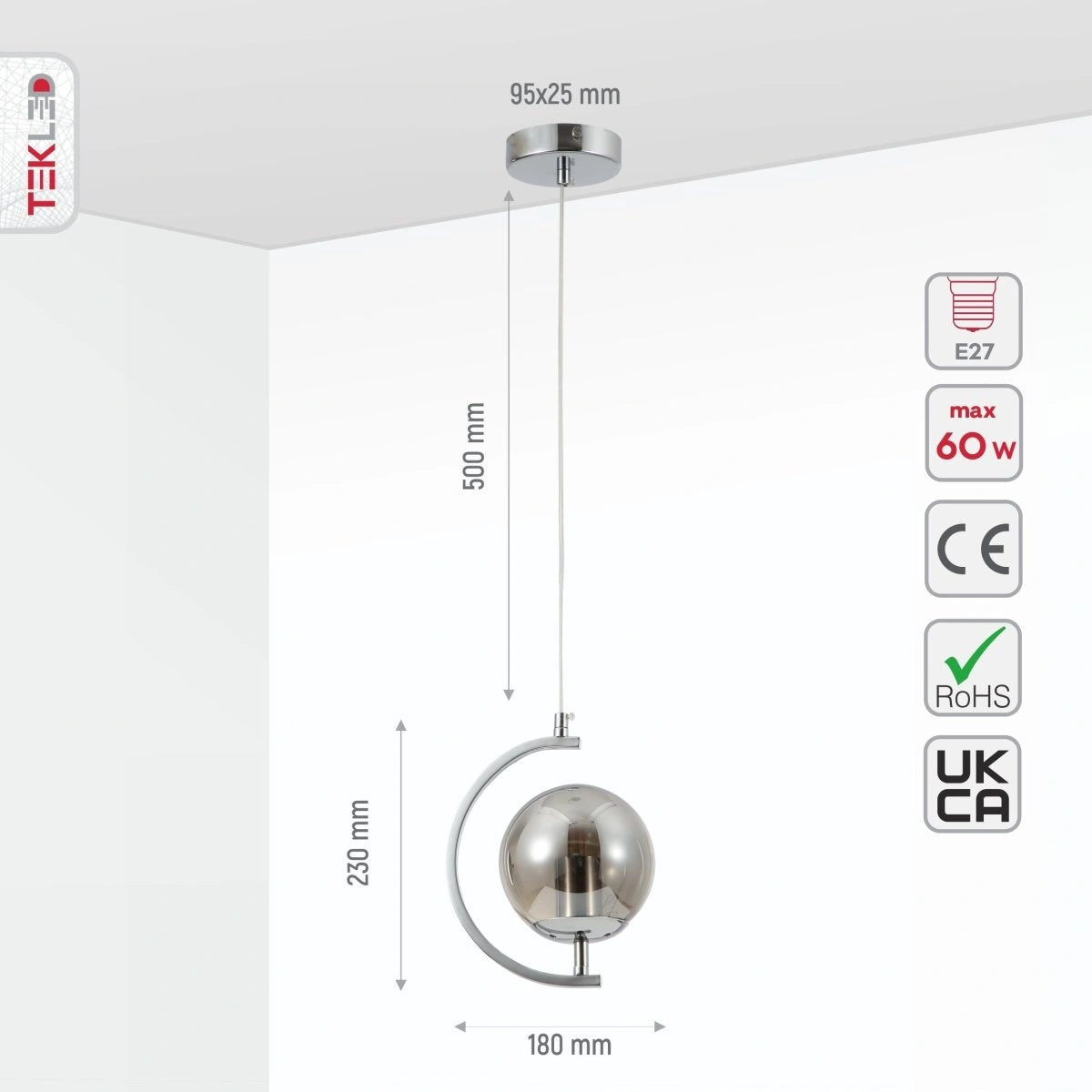 Size and specs of Smoky Globe Glass Crescent Chrome Metal Modern Ceiling Pendant Light E27 | TEKLED 159-17798