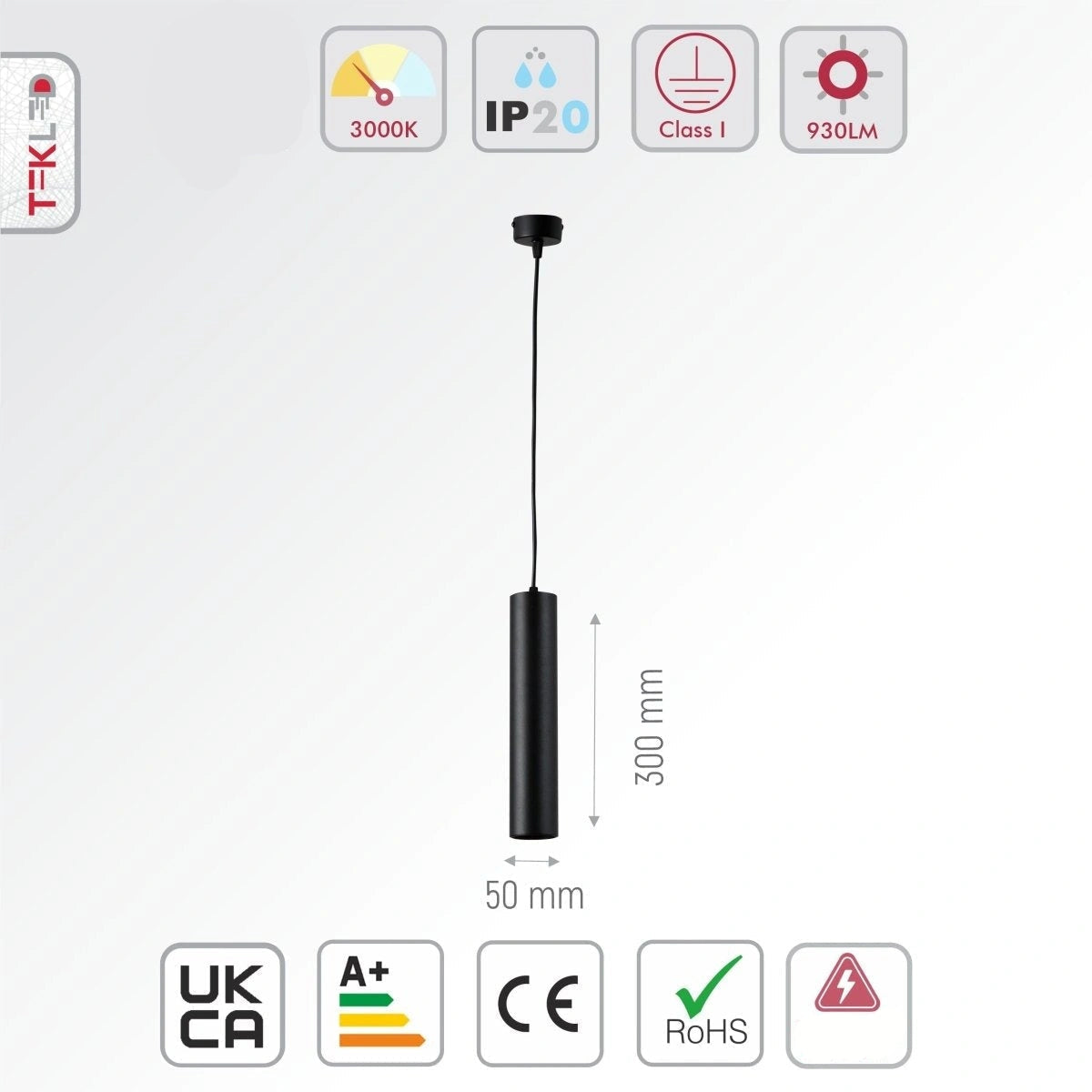 Size and specs of LED Pendant Downlight 10W Warm White 3000K Black | TEKLED 172-030010