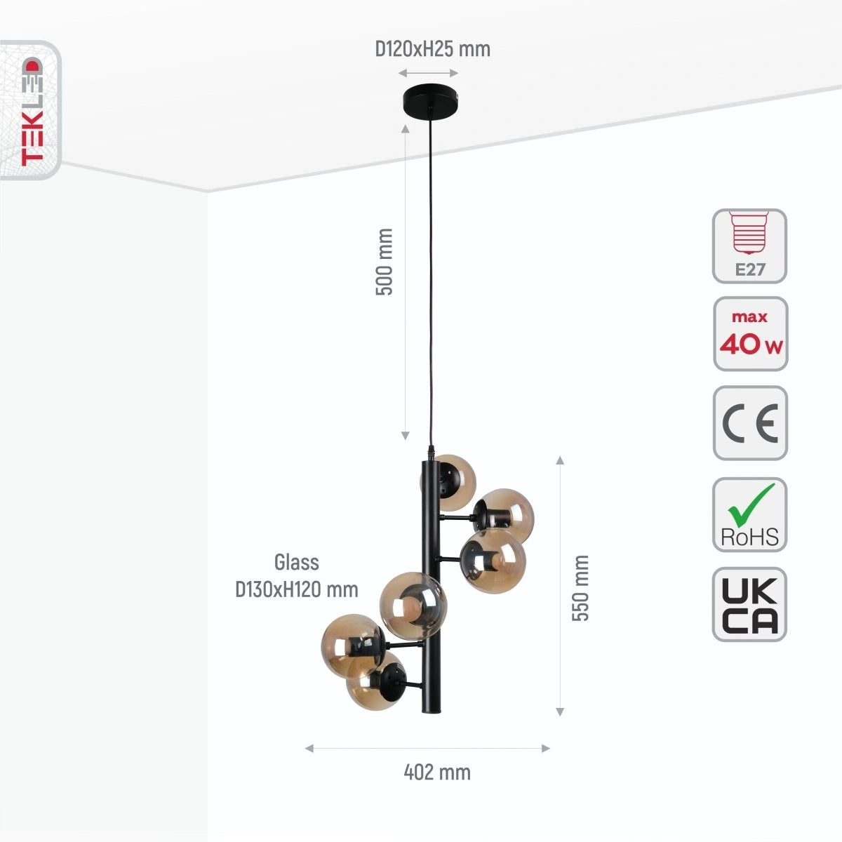 Size and specs of Spiral Amber Globe Glass Black Metal Body Modern Chandelier with 6xE27 Fittings | TEKLED 159-17402
