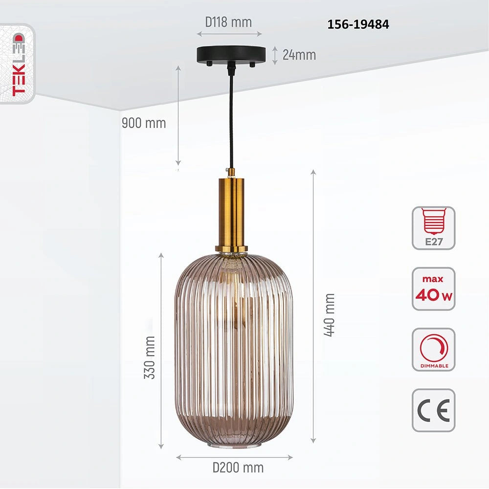 Product dimensions of golden bronze metal amber glass cylinder pendant light long with e27 fitting