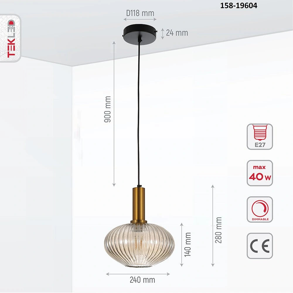 Product dimensions of golden bronze metal amber glass globe pendant light s with e27 fitting