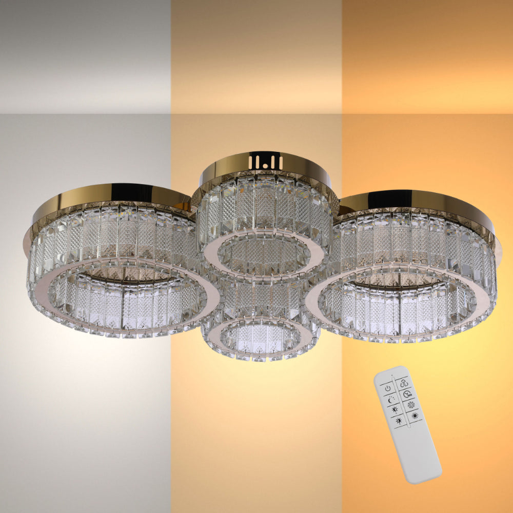 Lámpara de techo de cristal en forma de anillo cuadrado, ideal para salones modernos, con control remoto y luz regulable en tres colores.