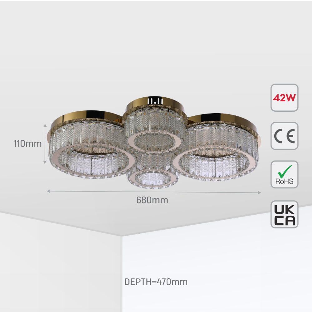 Lámpara de techo con cuatro anillos de cristal, ideal para salones con decoración moderna, control remoto y tres temperaturas de color.