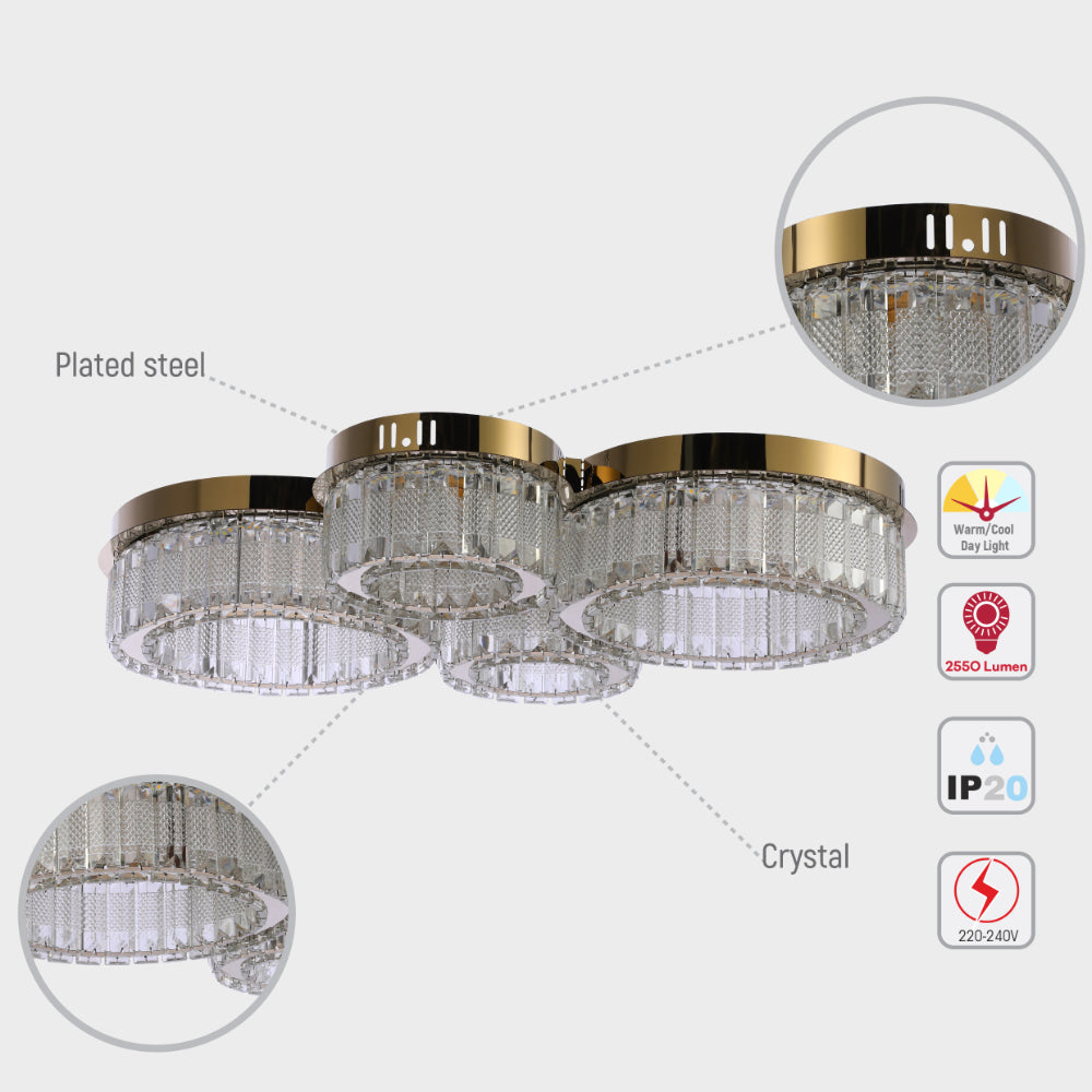 Luz de techo de cristal en anillos cuádruples, ideal para salones modernos, con control remoto y tres temperaturas de color.