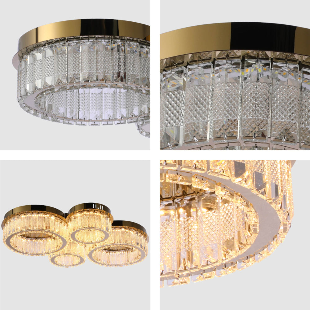Lámpara de techo de cristal de anillos cuádruples, perfecta para salones modernos, con control remoto y tres temperaturas de color.