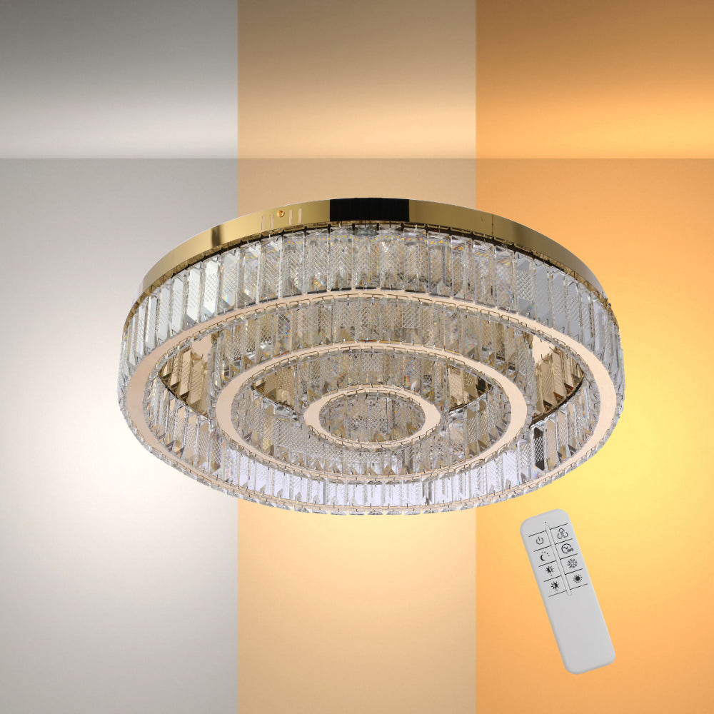 Lámpara de techo de cristal de tres aros, ideal para salas modernas, con control remoto y luces de tres colores.