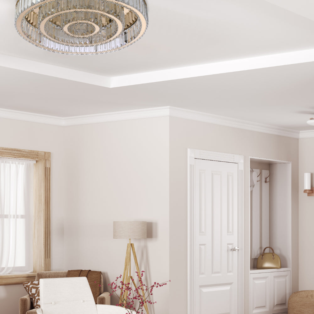 Candelabro de techo de anillos anidados de cristal, ideal para comedores modernos, con control remoto y luz ajustable de tres colores.