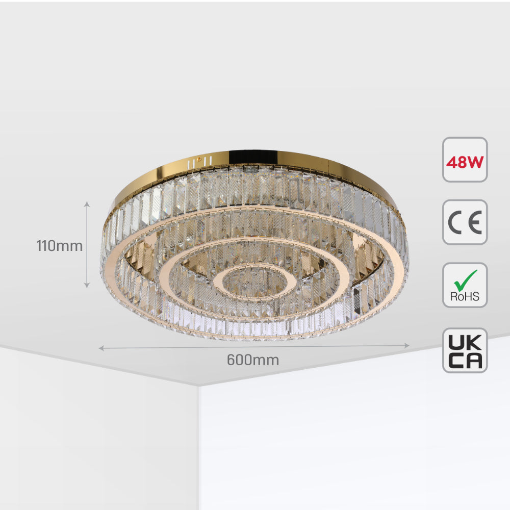 Lámpara de techo de cristal con anillos anidados, ideal para salones modernos, incluye control remoto y opciones de iluminación en tres colores.