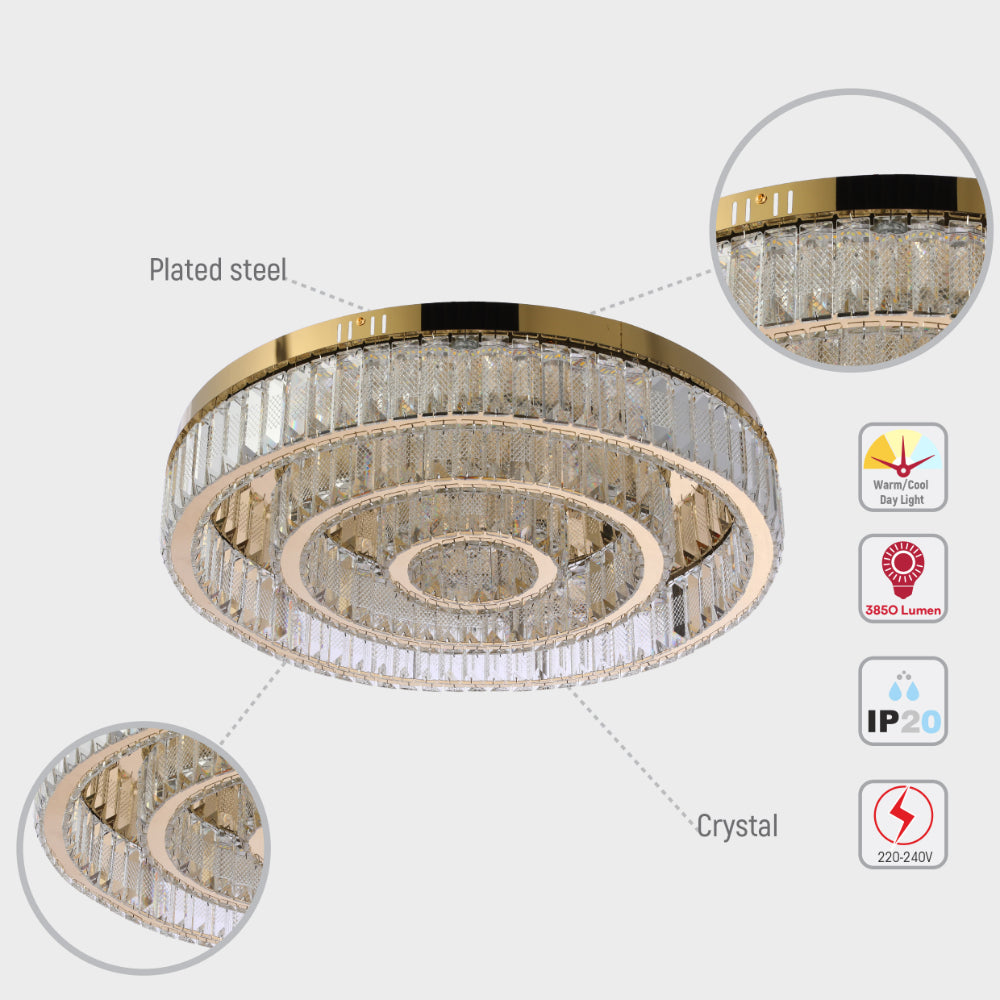 Imagen de un elegante candelabro de techo de cristal de tres anillos, perfecto para salas modernas y contemporáneas.