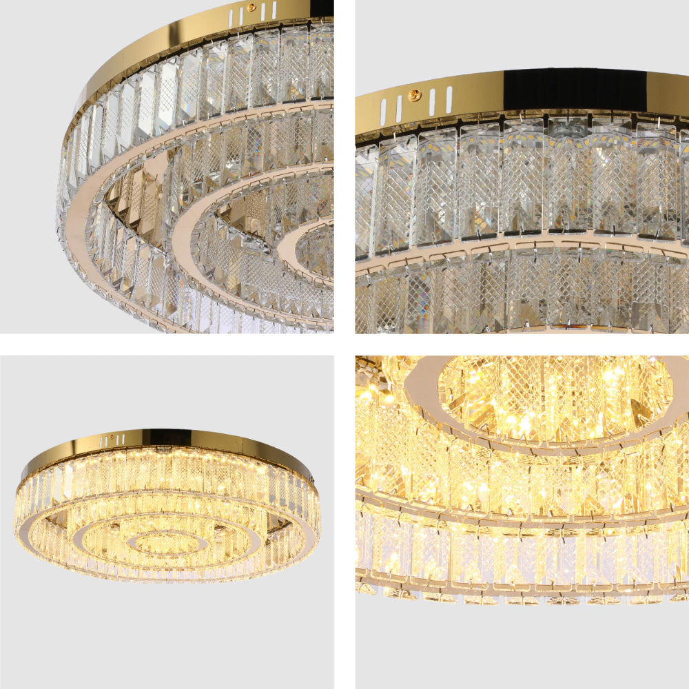 Lámpara de techo tipo candelabro con anillos de cristal, ideal para salones elegantes, control remoto y luz de tres colores.