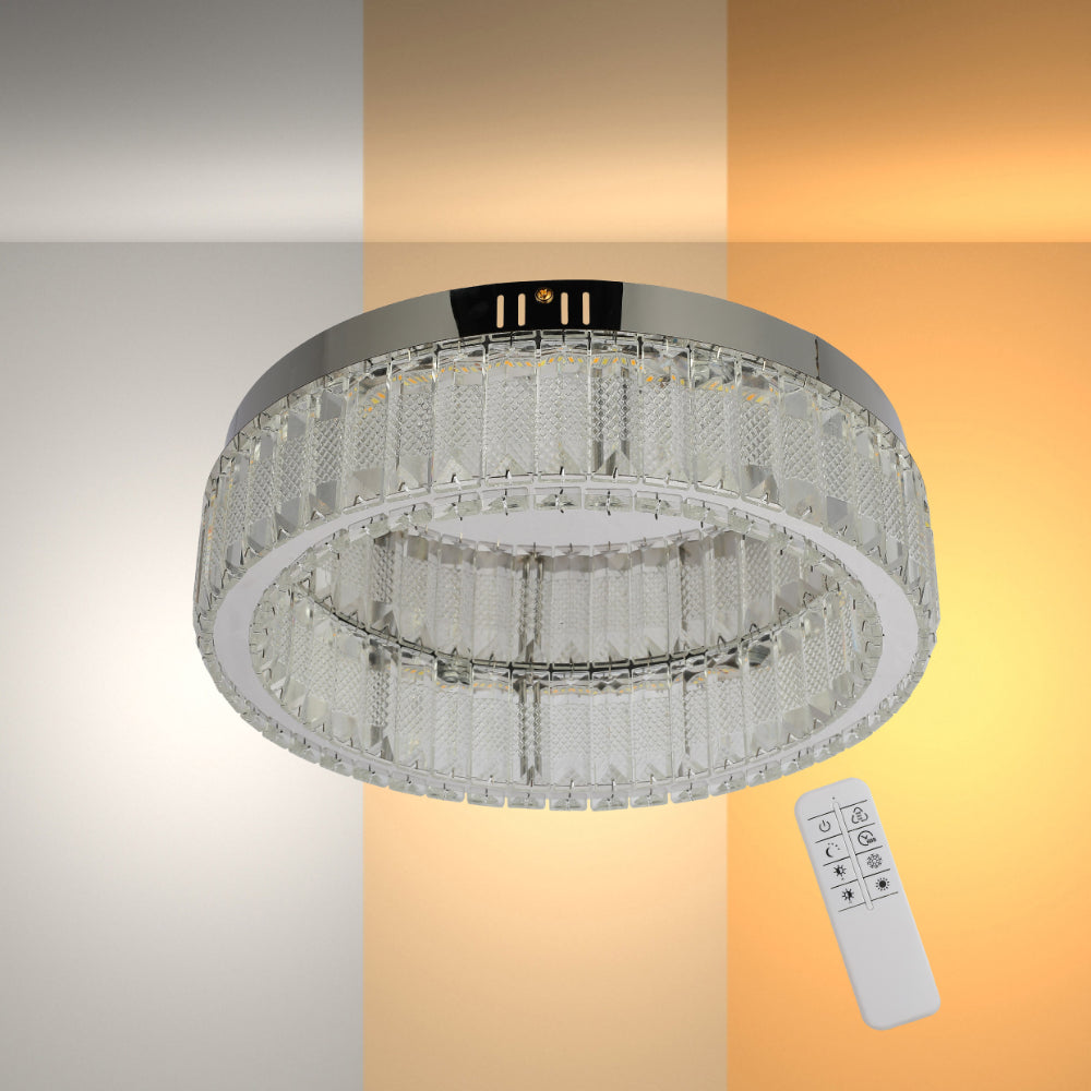 Lámpara de techo tipo chandelier con cristal y cromo, ideal para salones modernos, control remoto y luz de tres colores.