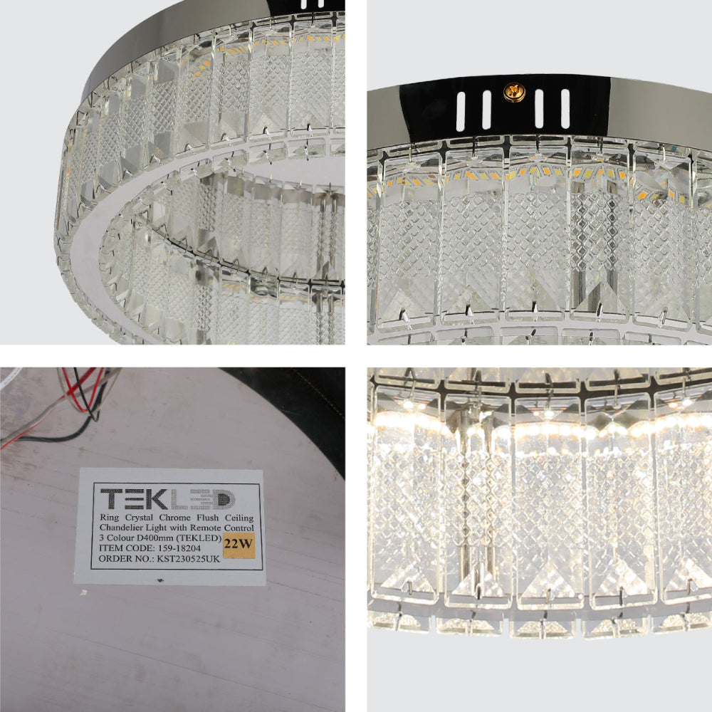 Luz de techo de cristal en forma de anillo, ideal para salas modernas, con control remoto y tres temperaturas de color.