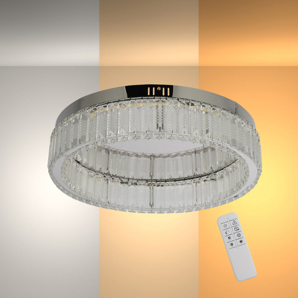 Lámpara de techo de cristal en forma de anillo, ideal para salas de estar modernas, con control remoto y opción de luz de tres colores.