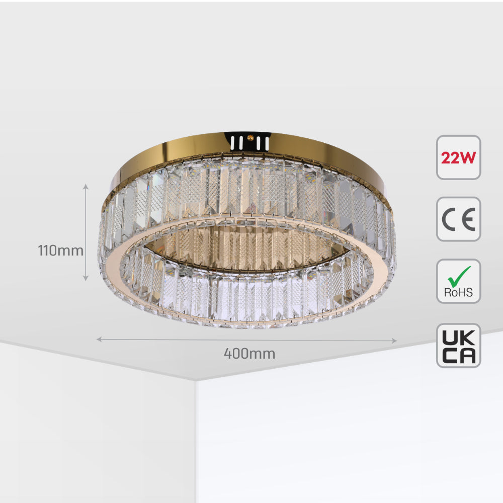 Luz de techo de cristal en anillo dorado, perfecta para salones modernos; control remoto y tres temperaturas de color.