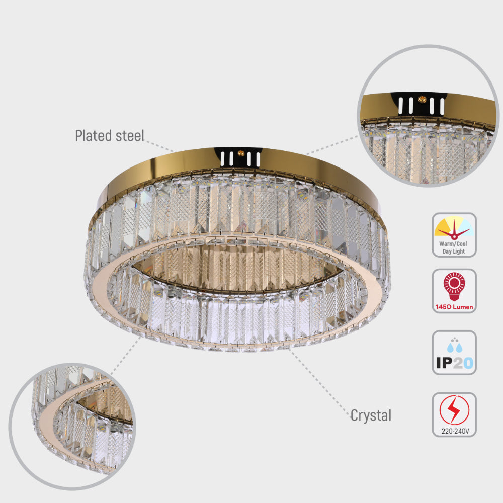 Luz de techo en forma de anillo con cristales, ideal para salas de estar contemporáneas, control remoto y 3 colores de iluminación.