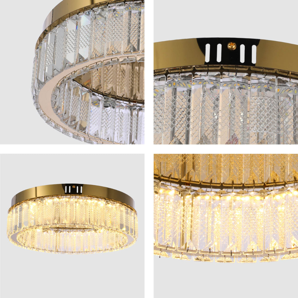 Lámpara de techo de anillo de cristal dorado, ideal para salones modernos, con control remoto y luz regulable en tres colores.