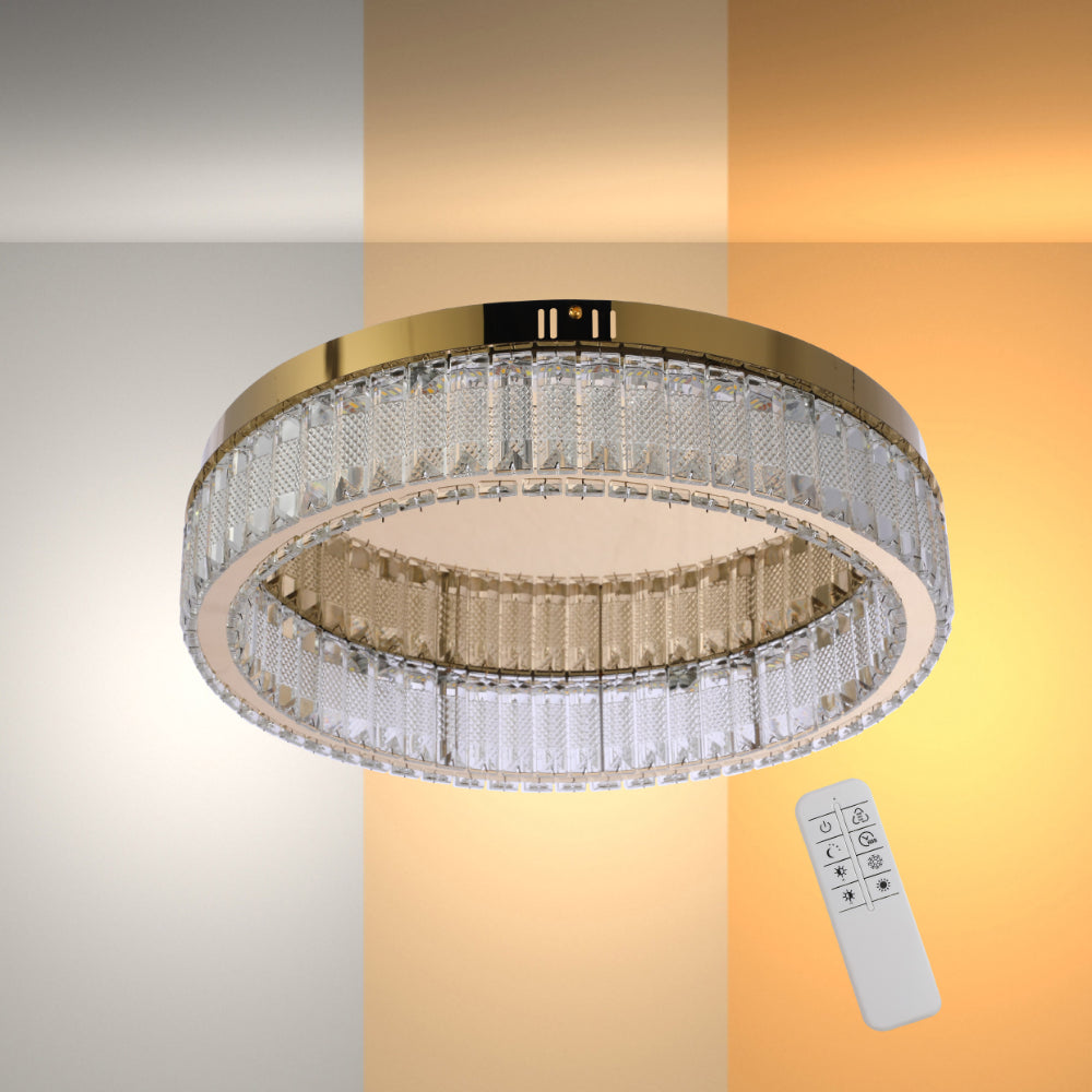 Lámpara de techo circular de cristal y dorado, perfecta para salones modernos, con control remoto y tres opciones de color.