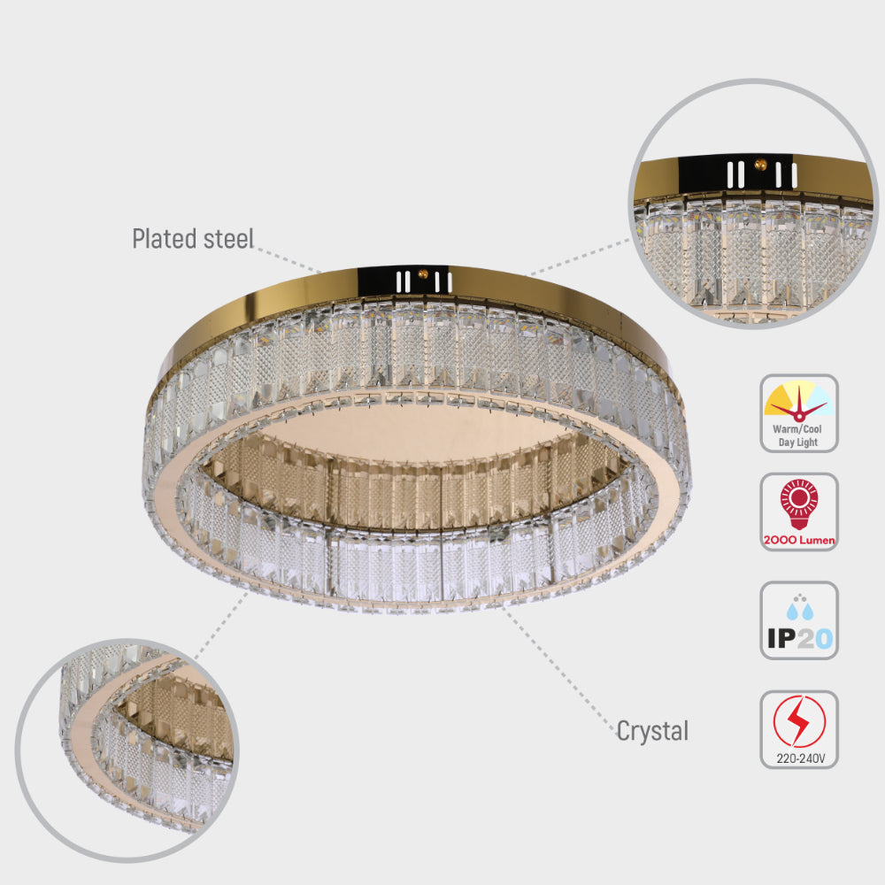 Lámpara de techo en forma de anillo con cristal y acabado dorado, ideal para salones modernos, con control remoto y tres temperaturas de color.