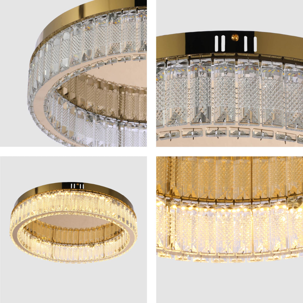 Lámpara de techo de anillo de cristal dorado, ideal para salones modernos, con control remoto y ajuste de tres colores.