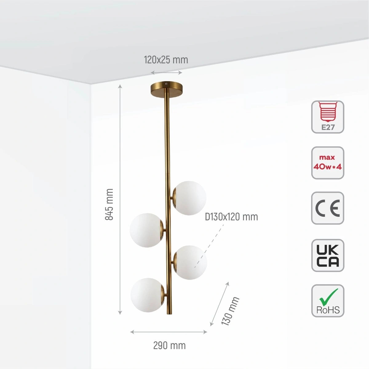 Size and specs of Vertical Opal Globes Gold Metal Body Ceiling light with 4xE27 Fittings | TEKLED 156-19512