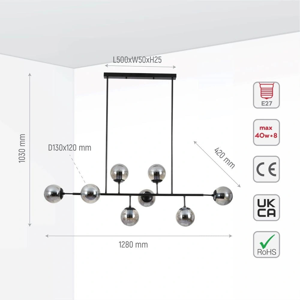 measurements of smoke grey globe and black metal body 8 globes kitchen island ceiling light