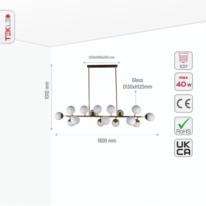size information for gold body opal glass globes 16 lamp