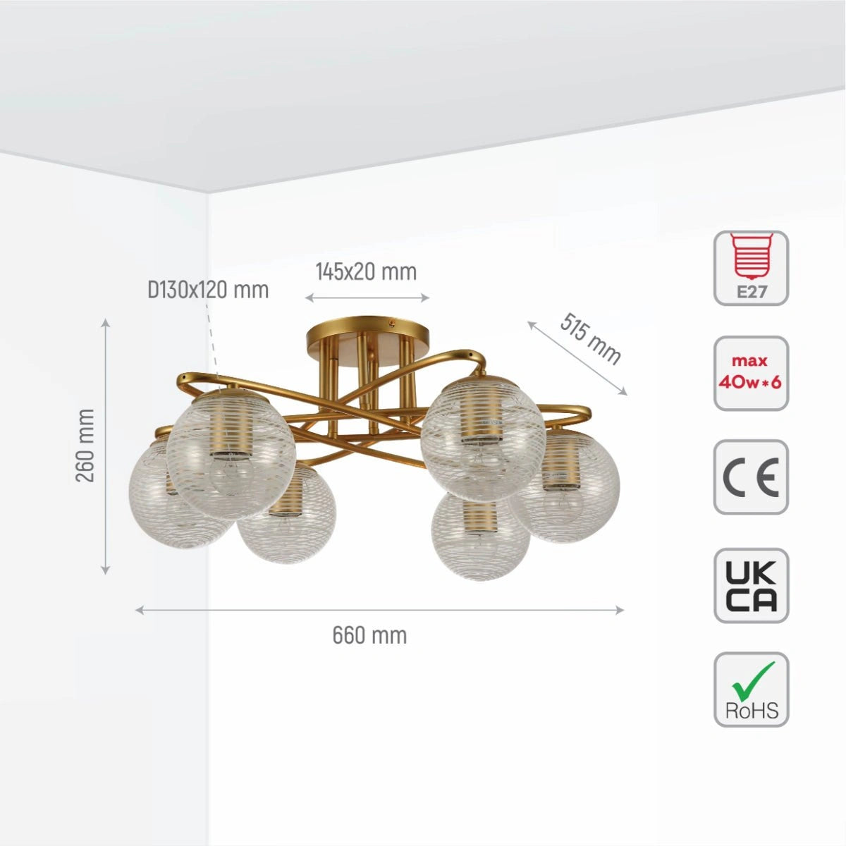 Size and specs of Gold Ellipse Metal Textured Globe Glass Modern Ceiling Light with E27 Fittings | TEKLED 159-17674