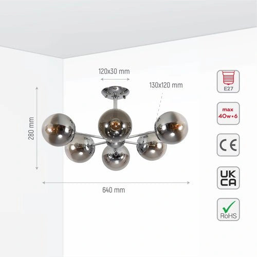 Size and specs of Smoky Globe Glass Chrome Metal Body Sputnik Molecule Modern Ceiling Light with E27 Fittings | TEKLED 159-17688
