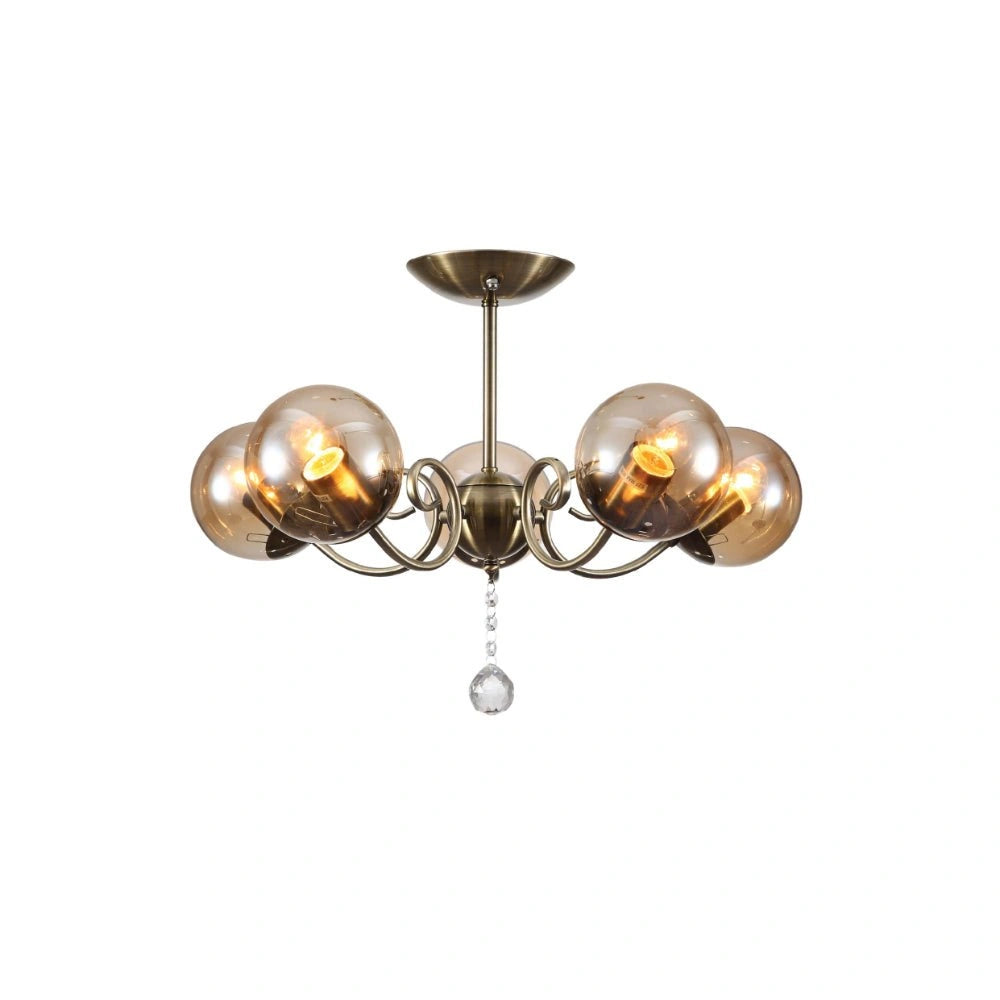 Main image of Amber Globe Glass Antique Brass Metal Body Vintage Retro Crystal Ceiling Light with 8xE27 Fittings | TEKLED 159-17776