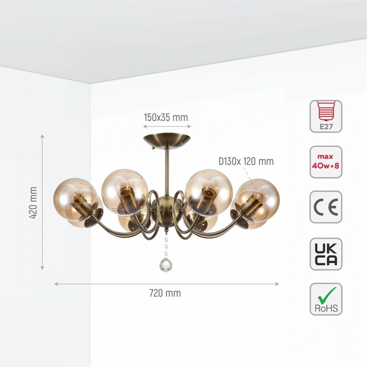 Size and specs of Amber Globe Glass Antique Brass Metal Body Vintage Retro Crystal Ceiling Light with E27 Fittings | TEKLED 159-17776