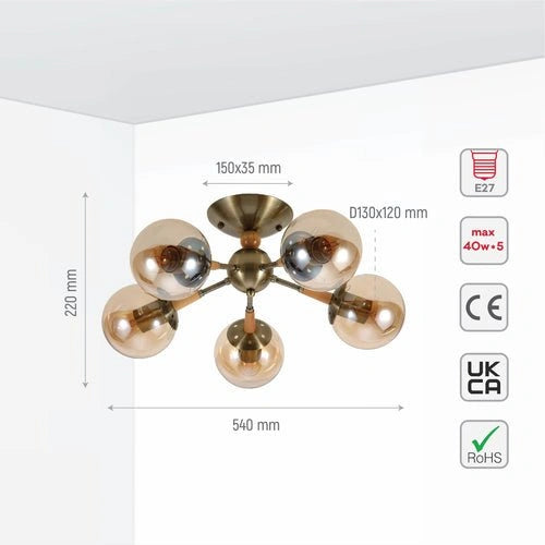 Size and specs of Amber Globe Glass Antique Brass Metal Wood Body Vintage Retro Molecule Ceiling Light with E27 Fittings | TEKLED 159-17780