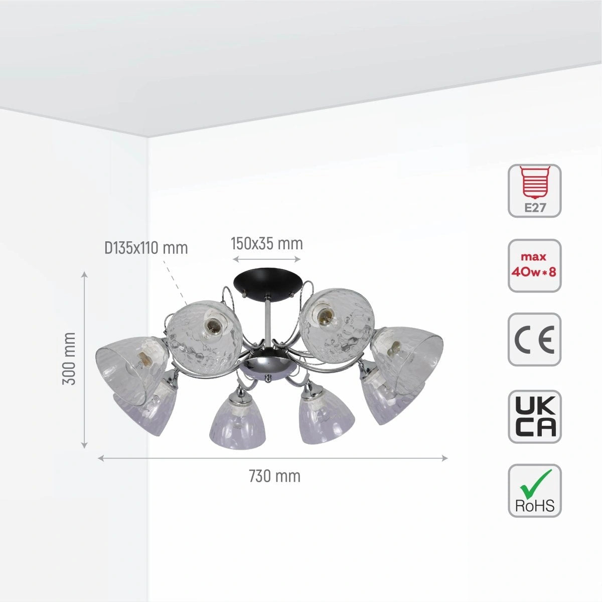 Size and specs of Textured Clear Cone Glass Chrome Semi Flush Ceiling Light | TEKLED 159-17766