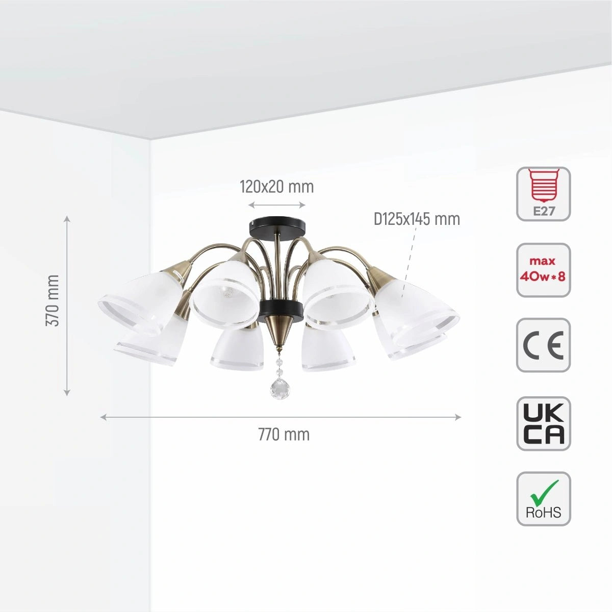 Size and specs of Petal Snowdrop Cone Glass Antique Brass Semi Flush Ceiling Light E27 | TEKLED 159-17730
