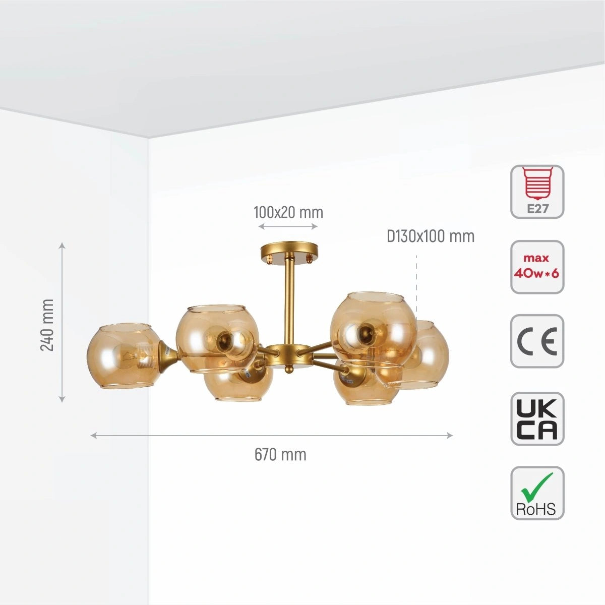 Size and specs of Amber Sides Open Globe Glass Gold Semi Flush Ceiling Light E27 | TEKLED 159-17636
