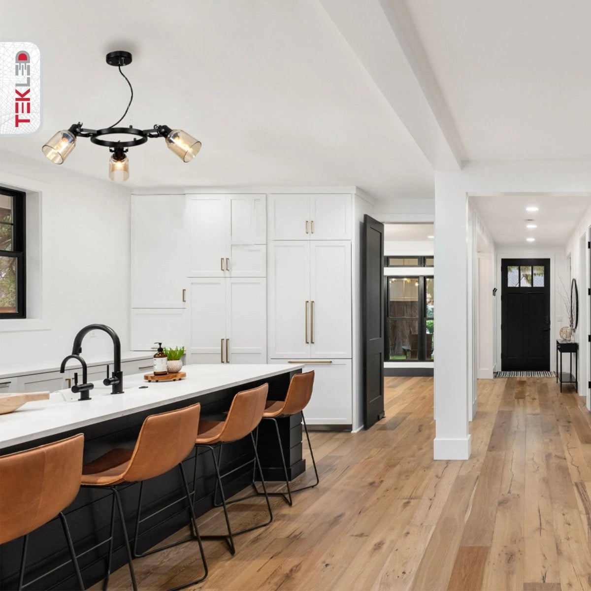 Amber Cone Glass Black Suspended Ceiling Light 3Xe27 in indoor setting kitchen island